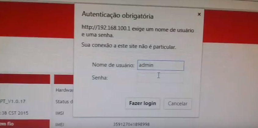 192.168.100.1 - Login do Admin e Configuração Wi-Fi Imagem da Tela de Login do Roteador Sky mostrando o endereço 192.168.100.1