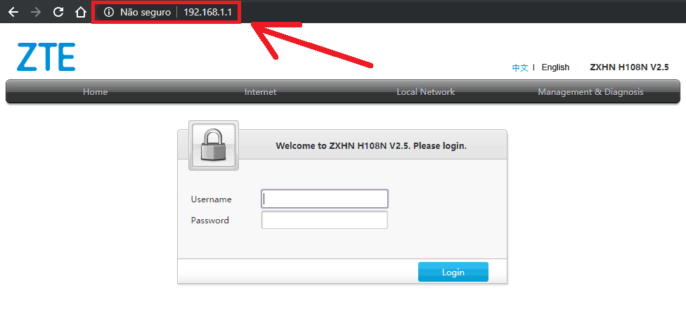 192.168.1.1 - Login e Configuração do Roteador Wi-Fi Tela de login do roteador da Oi ZTE, acessado pelo endereço http://192.168.1.1