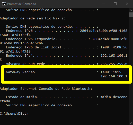 192.168.0.1 - Login Admin do Roteador Wi-Fi Imagem mostra uma janela do prompt de comando do windows com informações de IP e gateway padrão
