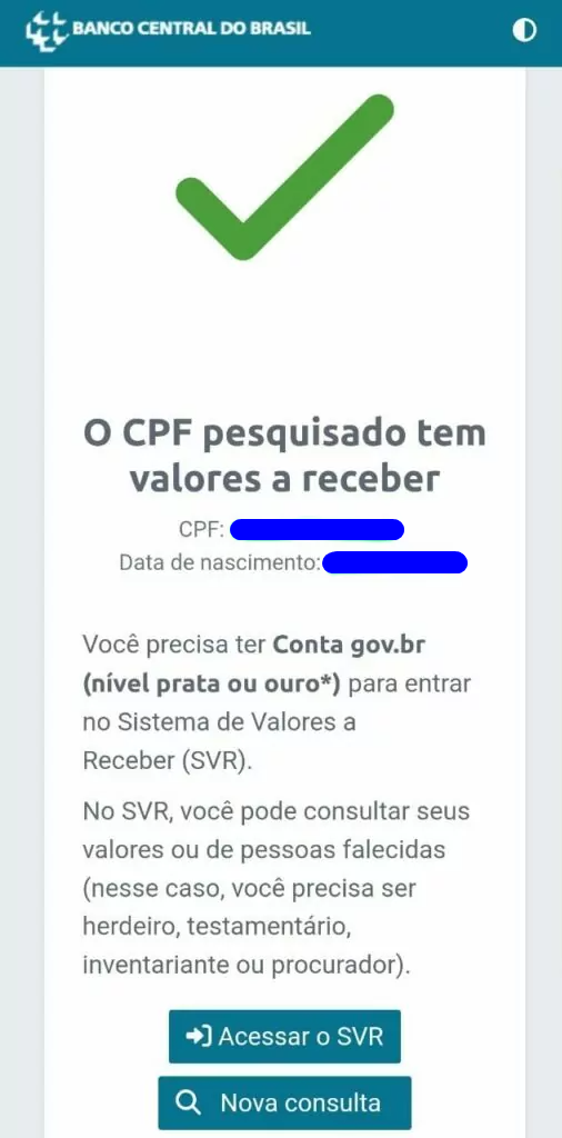 O CPF pesquisado tem valores a receber